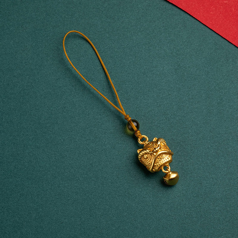 Buddha Stones Leone danzante Auspicioso Ruyi Sicuro Pace Ricco Rame Ricchezza Telefono Appeso Decorazione