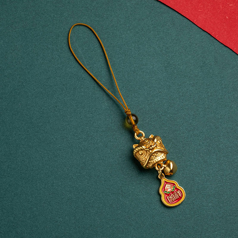 Buddha Stones Leone danzante Auspicioso Ruyi Sicuro Pace Ricco Rame Ricchezza Telefono Appeso Decorazione