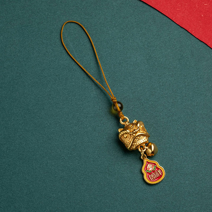 Buddha Stones Leone danzante Auspicioso Ruyi Sicuro Pace Ricco Rame Ricchezza Telefono Appeso Decorazione