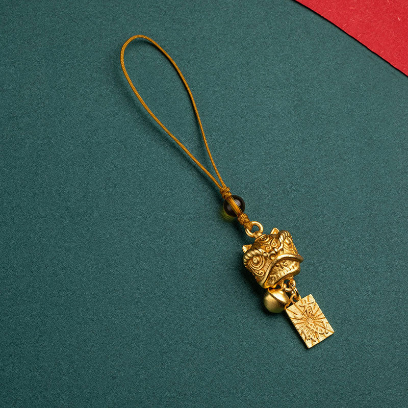 Buddha Stones Leone danzante Auspicioso Ruyi Sicuro Pace Ricco Rame Ricchezza Telefono Appeso Decorazione