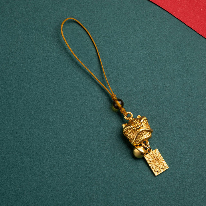 Buddha Stones Leone danzante Auspicioso Ruyi Sicuro Pace Ricco Rame Ricchezza Telefono Appeso Decorazione