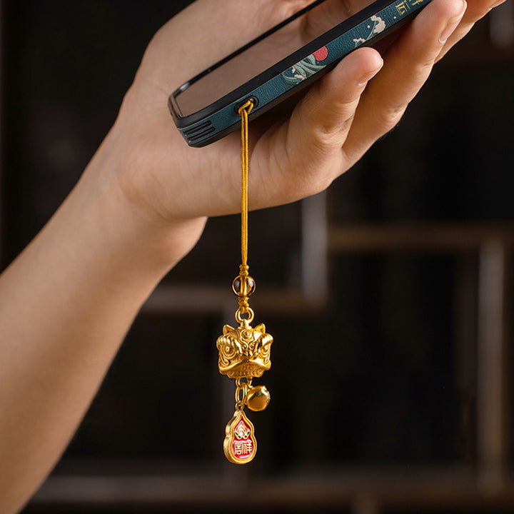 Buddha Stones Leone danzante Auspicioso Ruyi Sicuro Pace Ricco Rame Ricchezza Telefono Appeso Decorazione