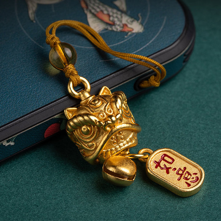 Buddha Stones Leone danzante Auspicioso Ruyi Sicuro Pace Ricco Rame Ricchezza Telefono Appeso Decorazione