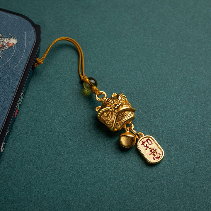 Buddha Stones Leone danzante Auspicioso Ruyi Sicuro Pace Ricco Rame Ricchezza Telefono Appeso Decorazione