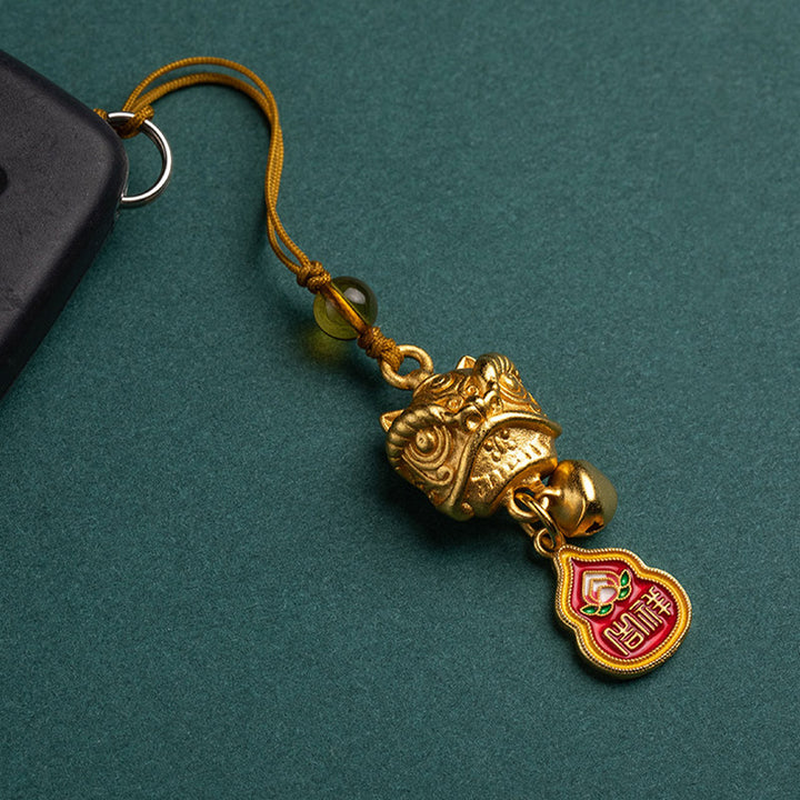 Buddha Stones Leone danzante Auspicioso Ruyi Sicuro Pace Ricco Rame Ricchezza Telefono Appeso Decorazione