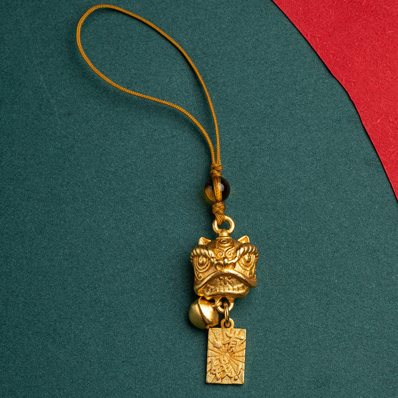 Buddha Stones Leone danzante Auspicioso Ruyi Sicuro Pace Ricco Rame Ricchezza Telefono Appeso Decorazione