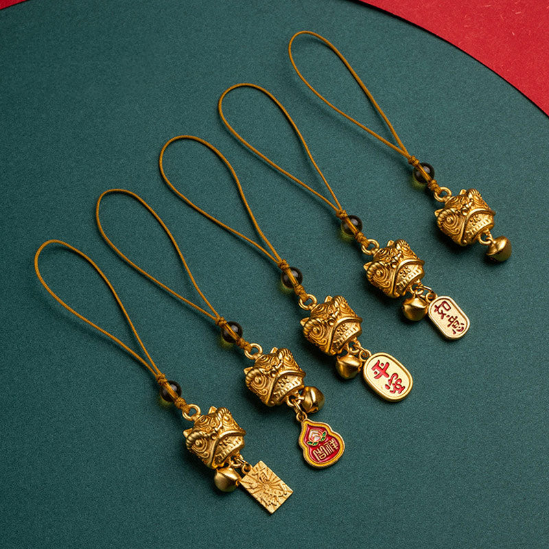 Buddha Stones Leone danzante Auspicioso Ruyi Sicuro Pace Ricco Rame Ricchezza Telefono Appeso Decorazione