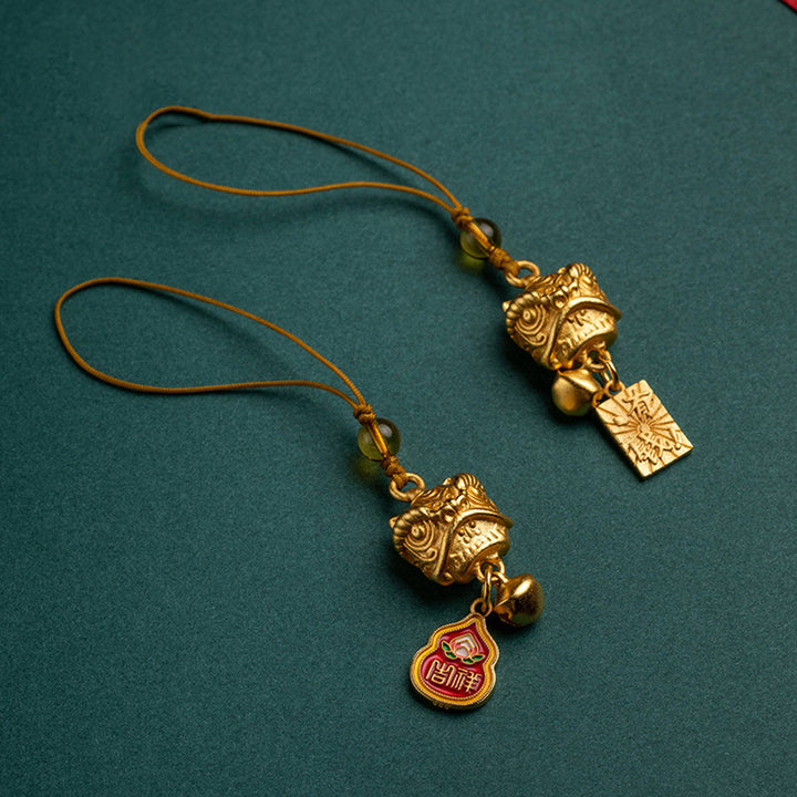 Buddha Stones Leone danzante Auspicioso Ruyi Sicuro Pace Ricco Rame Ricchezza Telefono Appeso Decorazione