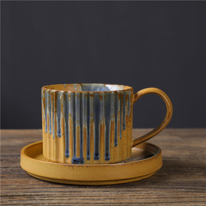 Buddha Stones Retro a strisce Kiln Change Tazza da caffè in ceramica Tazza da tè in ceramica grezza con piattino 250 ml