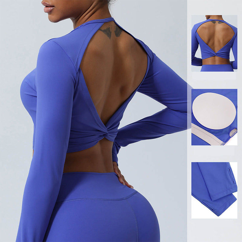 Buddha Stones Donna Allenamento Manica Lunga Crisscross Backless Top Tee Leggings Sport Fitness Yoga Outfit - image 1