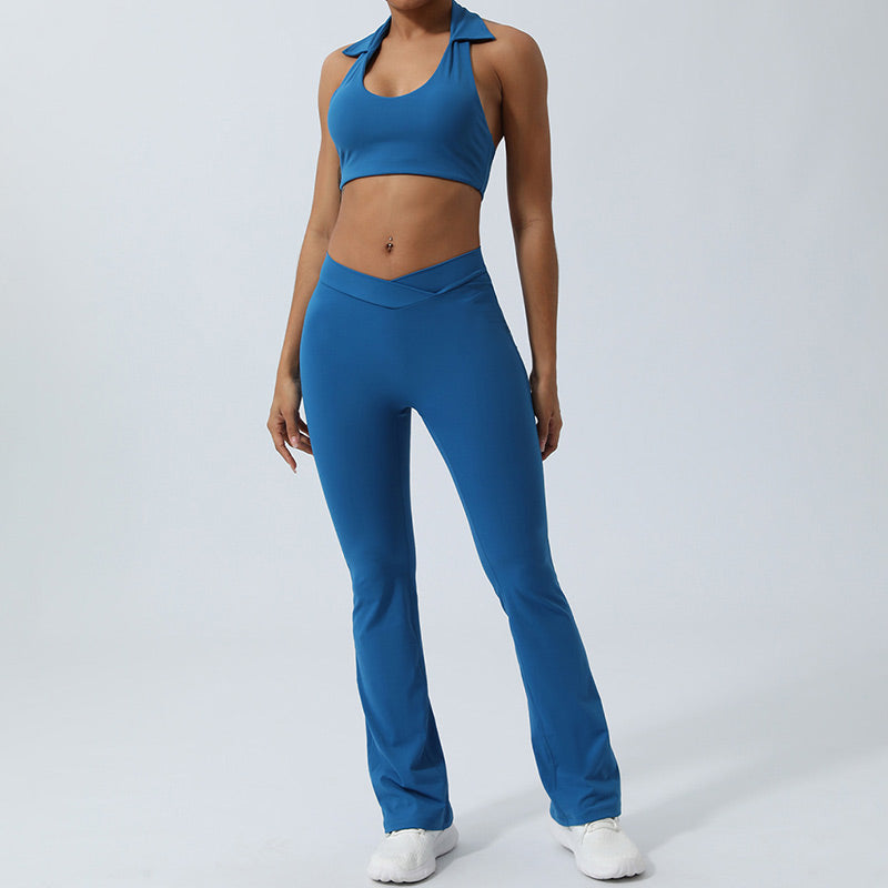Buddha Stones 2 pezzi allenamento senza maniche top senza schienale pantaloncini pantaloni svasati sport fitness yoga outfit set - Blu - 2 pezzi (top e pantaloni) - US8-10, UK/AU12-14, EU40-42 (XL)  - image 16