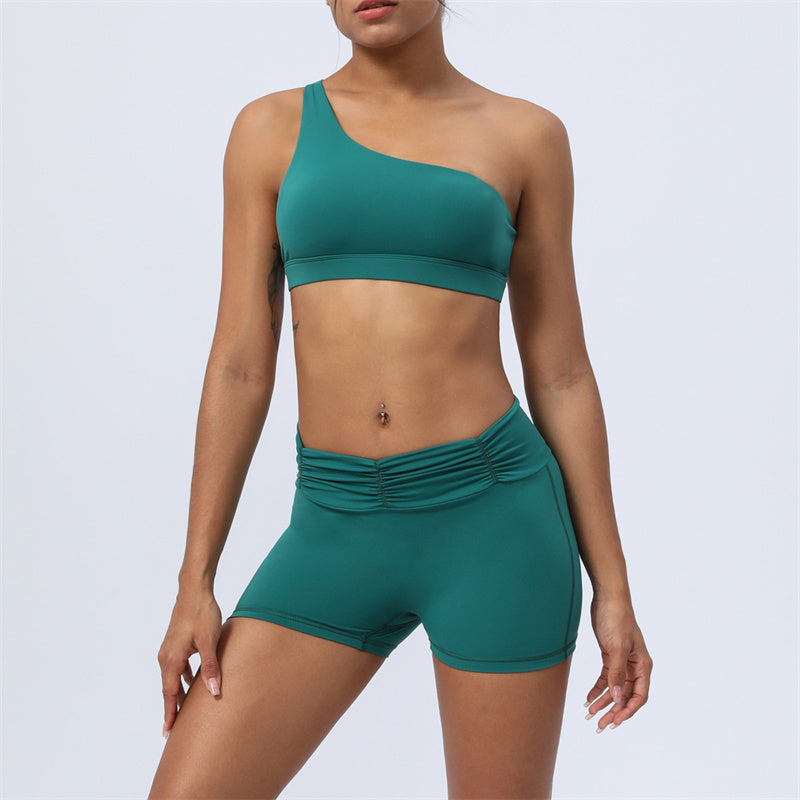 Buddha Stones 2 pezzi senza schienale design asimmetrico top reggiseno pantaloncini leggings pantaloni fitness yoga outfit set - Verde - 2 pezzi (top e pantaloncini) - US12, UK/AU16, EU44 (2XL) - image 1
