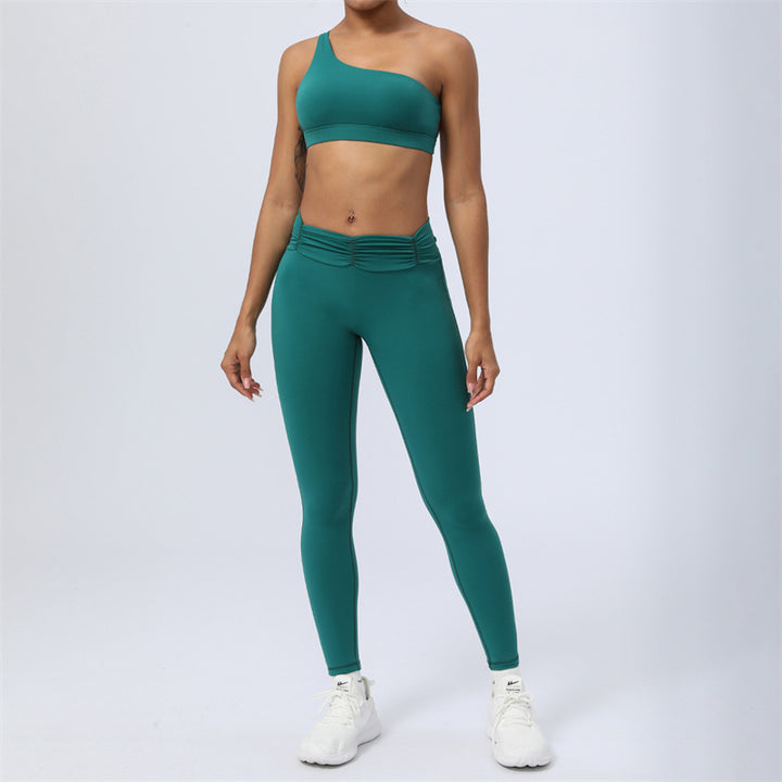 Buddha Stones 2 pezzi senza schienale design asimmetrico top reggiseno pantaloncini leggings pantaloni fitness yoga outfit set - Verde - 2 pezzi (top e pantaloni) - US12, UK/AU16, EU44 (2XL) - image 4