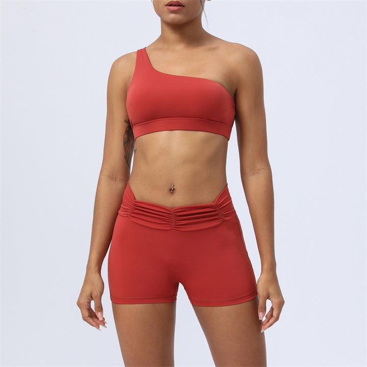 Buddha Stones 2 pezzi senza schienale design asimmetrico top reggiseno pantaloncini leggings pantaloni fitness yoga outfit set - Rosso - 2 pezzi (top e pantaloncini) - US12, UK/AU16, EU44 (2XL) - image 7