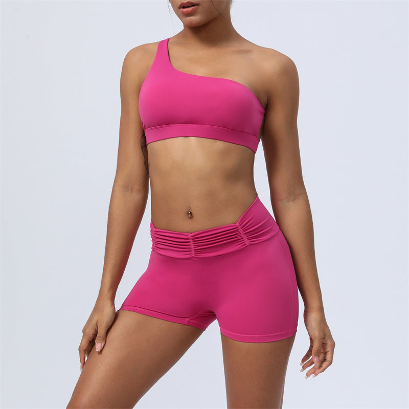 Buddha Stones 2 pezzi senza schienale design asimmetrico top reggiseno pantaloncini leggings pantaloni fitness yoga outfit set - Rosa rossa - 2 pezzi (top e pantaloncini) - US12, UK/AU16, EU44 (2XL) - image 18