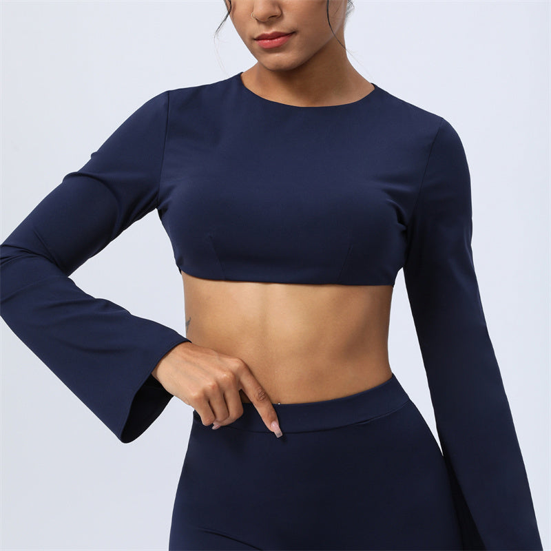 Buddha Stones Top senza spalline a maniche lunghe con reggiseno e pantaloni svasati, completo fitness e yoga - Blu scuro - Superiore - US8-10, UK/AU12-14, EU40-42 (XL)  - image 31
