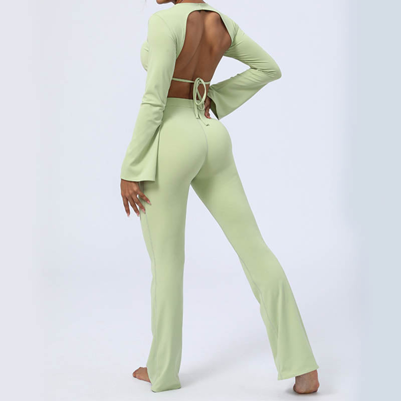 Buddha Stones Top senza spalline a maniche lunghe con reggiseno e pantaloni svasati, completo fitness e yoga - image 13