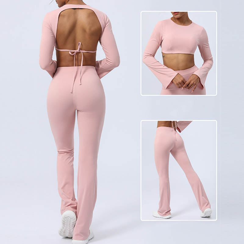 Buddha Stones Top senza spalline a maniche lunghe con reggiseno e pantaloni svasati, completo fitness e yoga - image 42