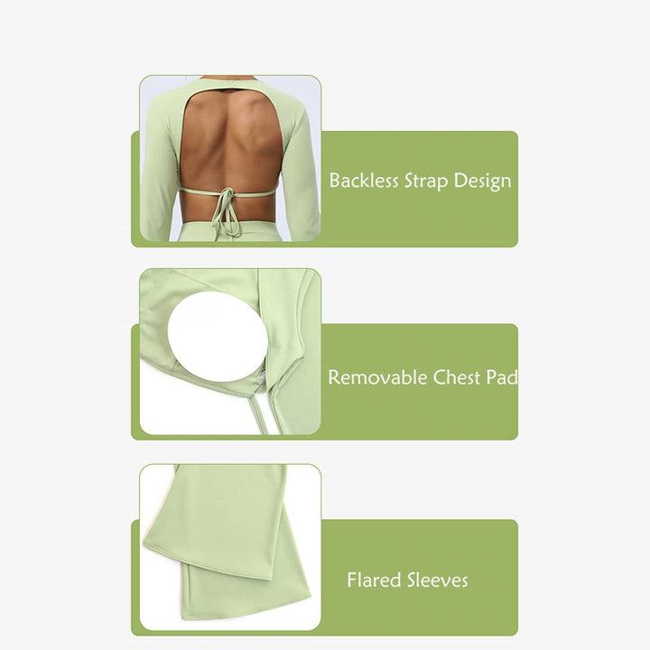 Buddha Stones Top senza spalline a maniche lunghe con reggiseno e pantaloni svasati, completo fitness e yoga - image 15