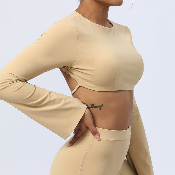 Buddha Stones Top senza spalline a maniche lunghe con reggiseno e pantaloni svasati, completo fitness e yoga - image 23