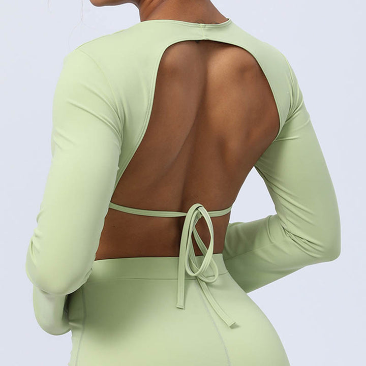 Buddha Stones Top senza spalline a maniche lunghe con reggiseno e pantaloni svasati, completo fitness e yoga - image 9