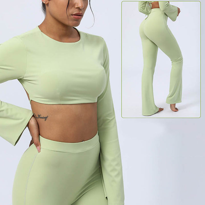 Buddha Stones Top senza spalline a maniche lunghe con reggiseno e pantaloni svasati, completo fitness e yoga - image 11