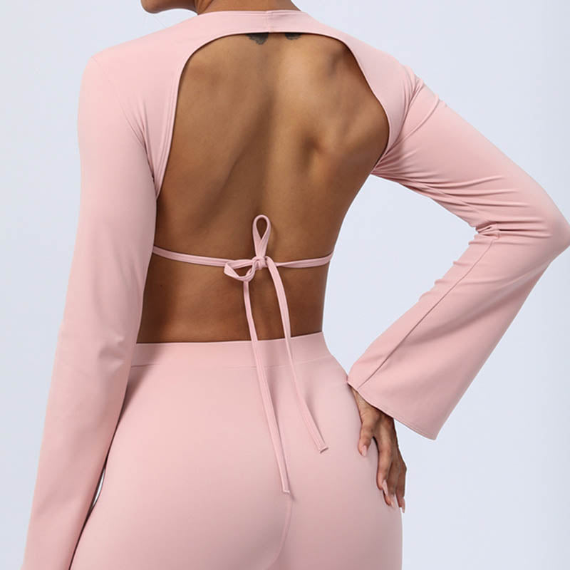 Buddha Stones Top senza spalline a maniche lunghe con reggiseno e pantaloni svasati, completo fitness e yoga - image 39