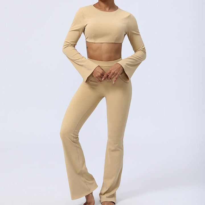 Buddha Stones Top senza spalline a maniche lunghe con reggiseno e pantaloni svasati, completo fitness e yoga - image 27