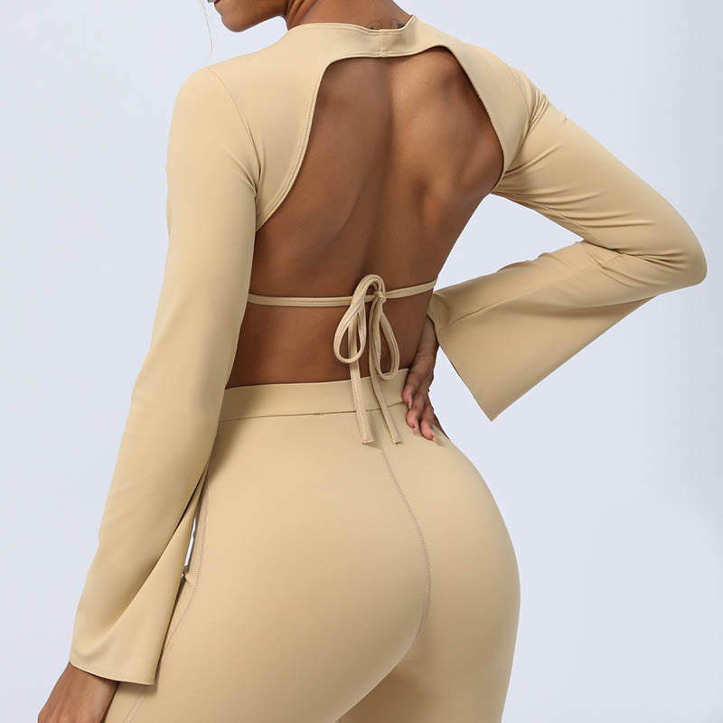 Buddha Stones Top senza spalline a maniche lunghe con reggiseno e pantaloni svasati, completo fitness e yoga - image 22