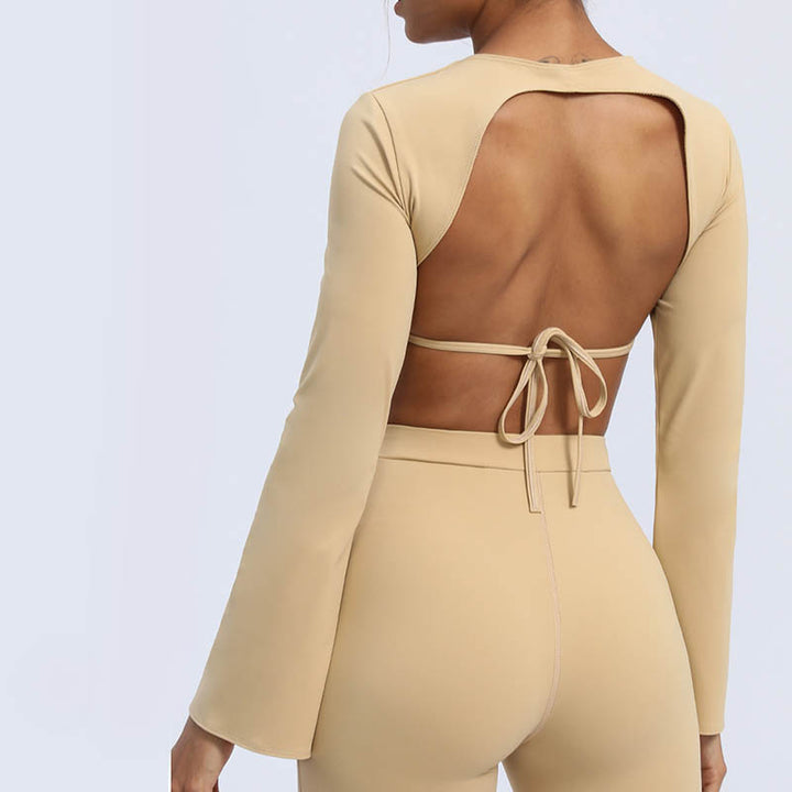 Buddha Stones Top senza spalline a maniche lunghe con reggiseno e pantaloni svasati, completo fitness e yoga - image 25