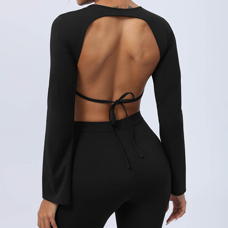 Buddha Stones Top senza spalline a maniche lunghe con reggiseno e pantaloni svasati, completo fitness e yoga - image 47