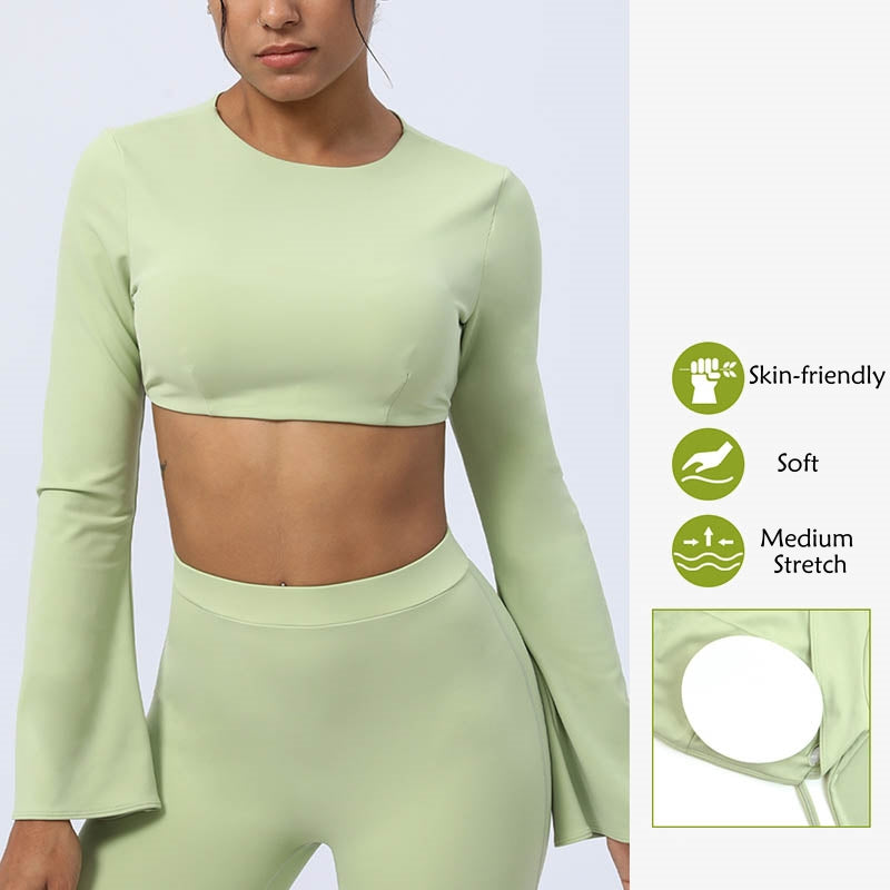 Buddha Stones Top senza spalline a maniche lunghe con reggiseno e pantaloni svasati, completo fitness e yoga - image 14