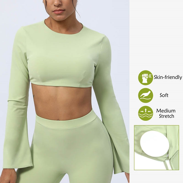 Buddha Stones Top senza spalline a maniche lunghe con reggiseno e pantaloni svasati, completo fitness e yoga - image 14