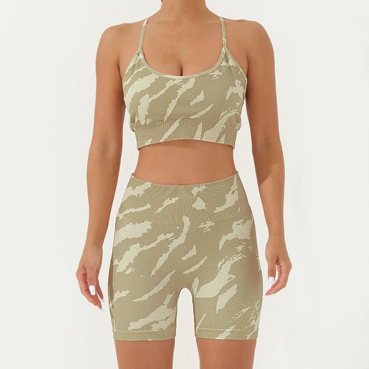 Buddha Stones 2 pezzi Camo Print senza schienale Criss-Cross Strap Top Reggiseno Pantaloncini Leggings Pantaloni Fitness Yoga Outfit Set - Gialloverde - 2 pezzi (top e pantaloncini) - US8-10, UK/AU12-14, EU40-42 (L) - image 6