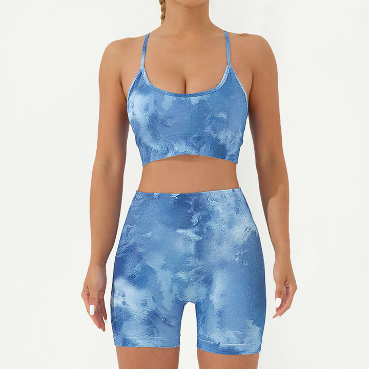Buddha Stones 2 pezzi Camo Print senza schienale Criss-Cross Strap Top Reggiseno Pantaloncini Leggings Pantaloni Fitness Yoga Outfit Set - Blu - 2 pezzi (top e pantaloncini) - US8-10, UK/AU12-14, EU40-42 (L) - image 17