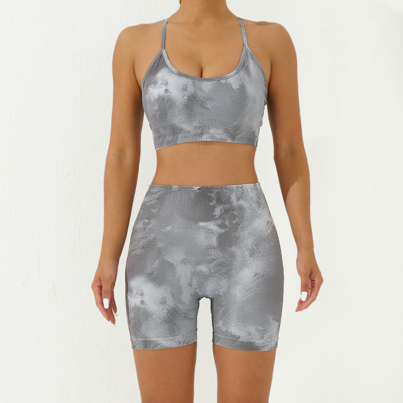 Buddha Stones 2 pezzi Camo Print senza schienale Criss-Cross Strap Top Reggiseno Pantaloncini Leggings Pantaloni Fitness Yoga Outfit Set - Grigio - 2 pezzi (top e pantaloncini) - US8-10, UK/AU12-14, EU40-42 (L) - image 22