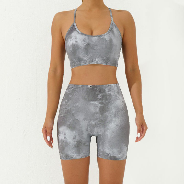 Buddha Stones 2 pezzi Camo Print senza schienale Criss-Cross Strap Top Reggiseno Pantaloncini Leggings Pantaloni Fitness Yoga Outfit Set - Grigio - 2 pezzi (top e pantaloncini) - US8-10, UK/AU12-14, EU40-42 (L) - image 22