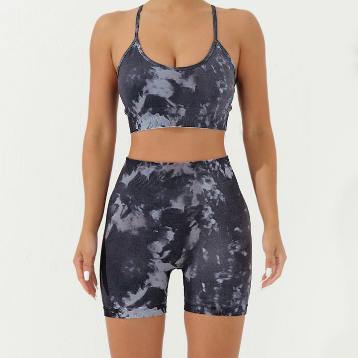 Buddha Stones 2 pezzi Camo Print senza schienale Criss-Cross Strap Top Reggiseno Pantaloncini Leggings Pantaloni Fitness Yoga Outfit Set - Nero Grigio - 2 pezzi (top e pantaloncini) - US8-10, UK/AU12-14, EU40-42 (L) - image 10