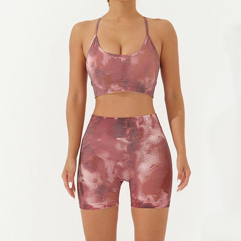 Buddha Stones 2 pezzi Camo Print senza schienale Criss-Cross Strap Top Reggiseno Pantaloncini Leggings Pantaloni Fitness Yoga Outfit Set - Borgogna - 2 pezzi (top e pantaloncini) - US8-10, UK/AU12-14, EU40-42 (L) - image 12