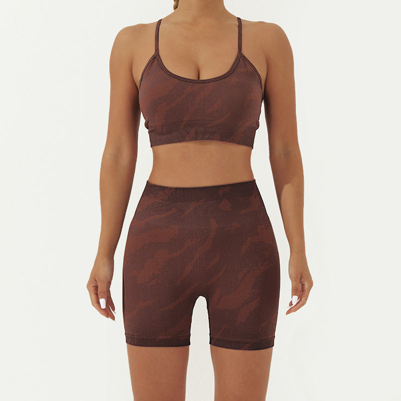 Buddha Stones 2 pezzi Camo Print senza schienale Criss-Cross Strap Top Reggiseno Pantaloncini Leggings Pantaloni Fitness Yoga Outfit Set - Marrone - 2 pezzi (top e pantaloncini) - US8-10, UK/AU12-14, EU40-42 (L) - image 8