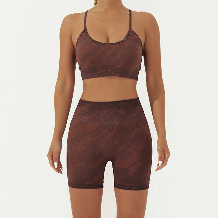 Buddha Stones 2 pezzi Camo Print senza schienale Criss-Cross Strap Top Reggiseno Pantaloncini Leggings Pantaloni Fitness Yoga Outfit Set - Marrone - 2 pezzi (top e pantaloncini) - US8-10, UK/AU12-14, EU40-42 (L) - image 8