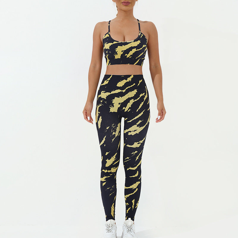 Buddha Stones 2 pezzi Camo Print senza schienale Criss-Cross Strap Top Reggiseno Pantaloncini Leggings Pantaloni Fitness Yoga Outfit Set - Giallo Nero - 2 pezzi (top e pantaloni) - US8-10, UK/AU12-14, EU40-42 (L) - image 3