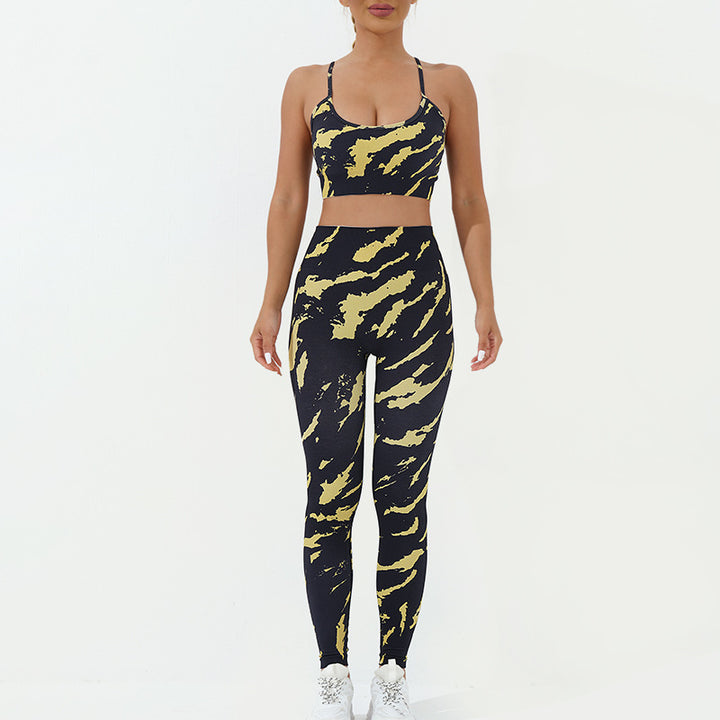 Buddha Stones 2 pezzi Camo Print senza schienale Criss-Cross Strap Top Reggiseno Pantaloncini Leggings Pantaloni Fitness Yoga Outfit Set - Giallo Nero - 2 pezzi (top e pantaloni) - US8-10, UK/AU12-14, EU40-42 (L) - image 3