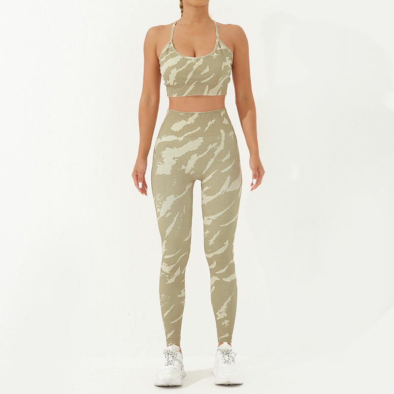 Buddha Stones 2 pezzi Camo Print senza schienale Criss-Cross Strap Top Reggiseno Pantaloncini Leggings Pantaloni Fitness Yoga Outfit Set - Gialloverde - 2 pezzi (top e pantaloni) - US8-10, UK/AU12-14, EU40-42 (L) - image 7