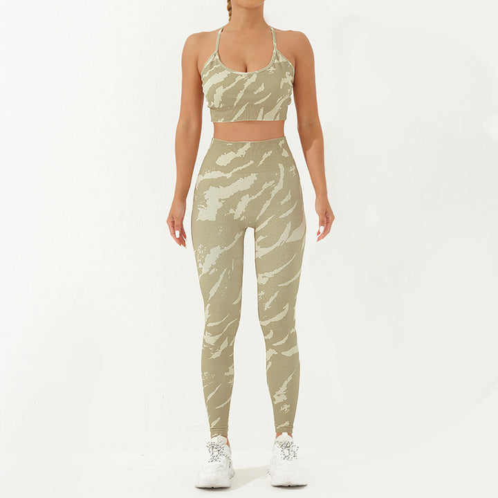 Buddha Stones 2 pezzi Camo Print senza schienale Criss-Cross Strap Top Reggiseno Pantaloncini Leggings Pantaloni Fitness Yoga Outfit Set - Gialloverde - 2 pezzi (top e pantaloni) - US8-10, UK/AU12-14, EU40-42 (L) - image 7