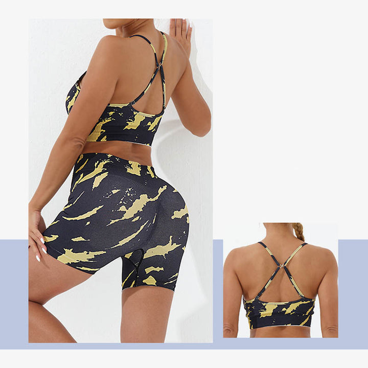 Buddha Stones 2 pezzi Camo Print senza schienale Criss-Cross Strap Top Reggiseno Pantaloncini Leggings Pantaloni Fitness Yoga Outfit Set - image 2