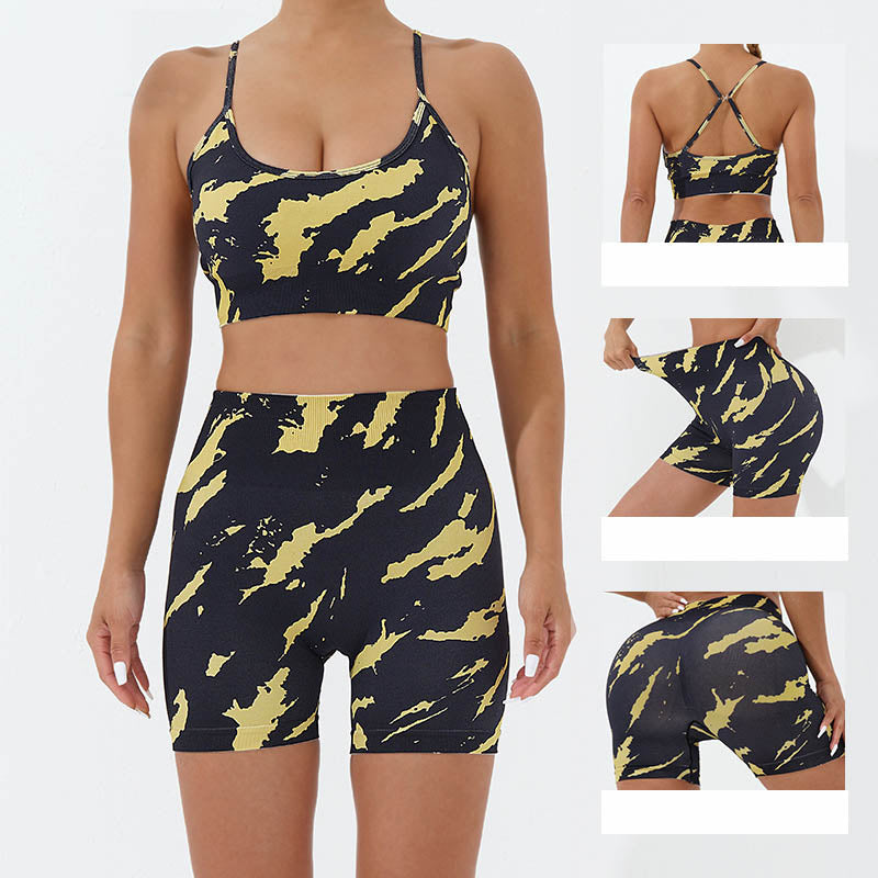 Buddha Stones 2 pezzi Camo Print senza schienale Criss-Cross Strap Top Reggiseno Pantaloncini Leggings Pantaloni Fitness Yoga Outfit Set - image 1