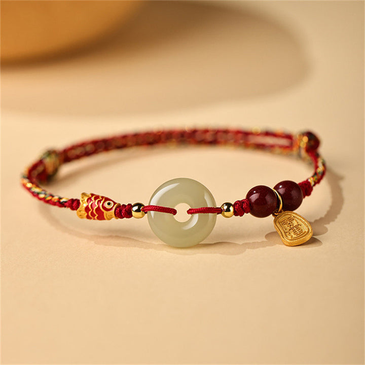 Braccialetto portafortuna con fibbia della pace in giada Hetian, con pesce koi in argento sterling 925 Buddha Stones
