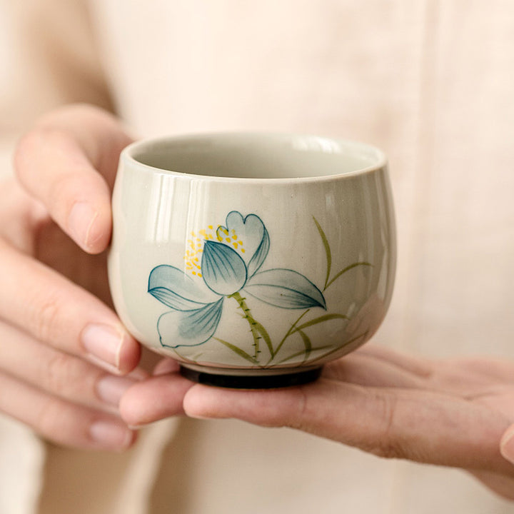 Tazza da tè in ceramica con fiore di loto dipinto a mano, Buddha Stones, tazza da tè Kung Fu