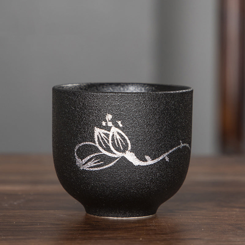 Buddha Stones Dipinto a mano Fiore di loto Bambù Crisantemo Ceramica nera Tazza da tè in ceramica Tazza da tè Kung Fu 95ml